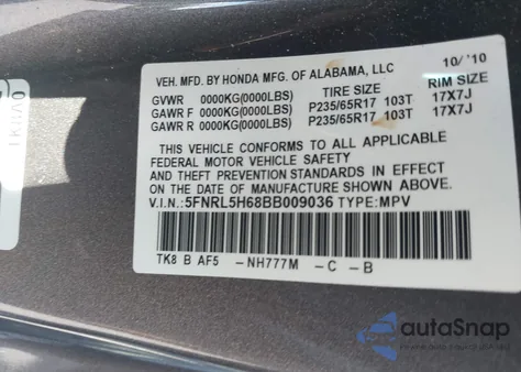2011 Honda Odyssey Ex-L from USA, damaged, VIN 5FNRL5H68BB009036